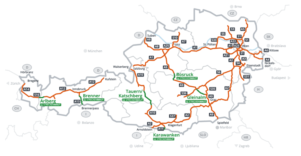 Autobahnabschnitte, die einer Sondermaut unterliegen Austria